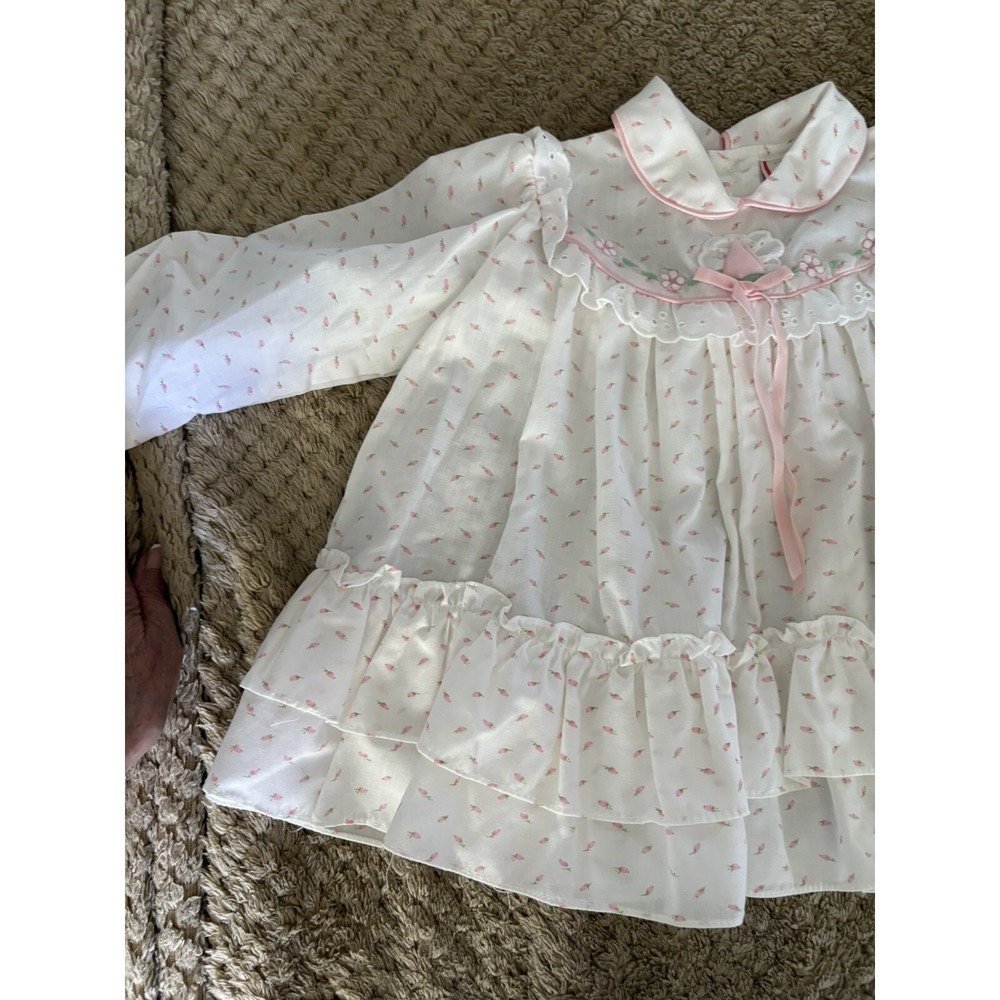 Vintage Baby Girl Party Dress Pink w/Ivory Voile Overlay Ruffle Full Circle 24M - Picture 2 of 13